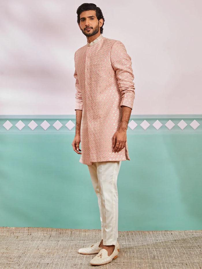 Men's Peach Rayon Indo Western And Pyjama Set