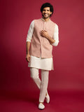 Men's Peach Sequin & Thread Embroidered Nehru Jacket with Cream Satin Kurta & Pants Set
