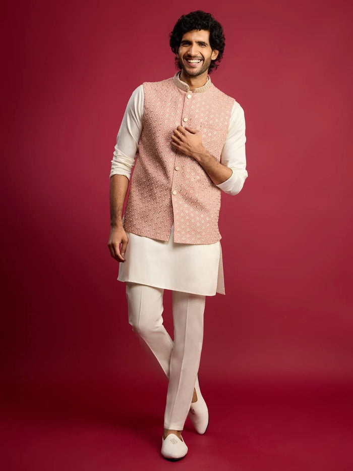 Men's Peach Sequin & Thread Embroidered Nehru Jacket with Cream Satin Kurta & Pants Set