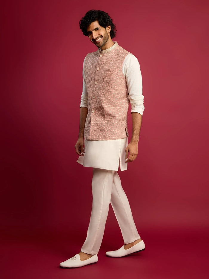 Men's Peach Sequin & Thread Embroidered Nehru Jacket with Cream Satin Kurta & Pants Set