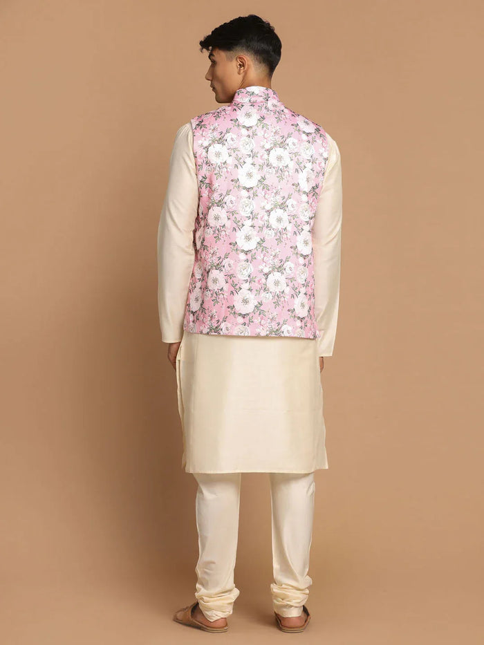 Men's Pink Digital Floral Printed Royal Angrakha Nehru Jacket With Cream Kurta Pyjama Set