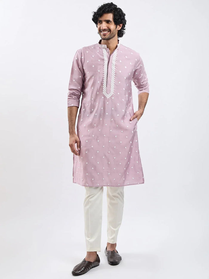Men’s Pink Embroidered Silk Blend Kurta Pyjama Set
