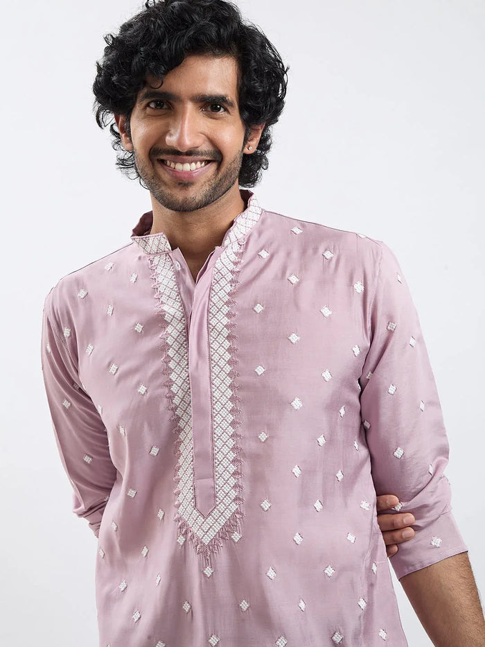 Men’s Pink Embroidered Silk Blend Kurta Pyjama Set