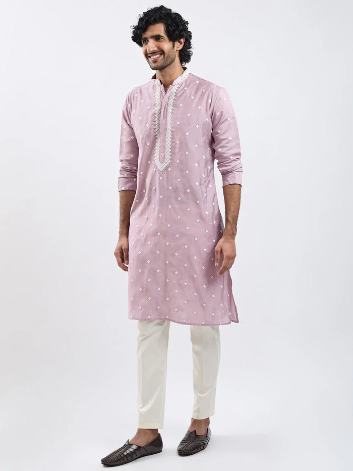 Men’s Pink Embroidered Silk Blend Kurta Pyjama Set