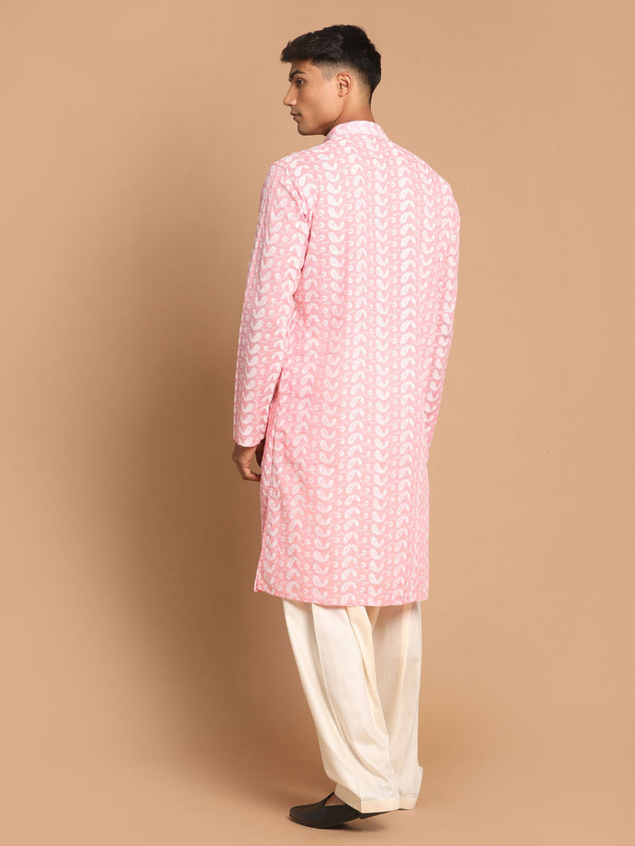 Men's Pink Pure Cotton Chikankari Kurta With Patiala Set