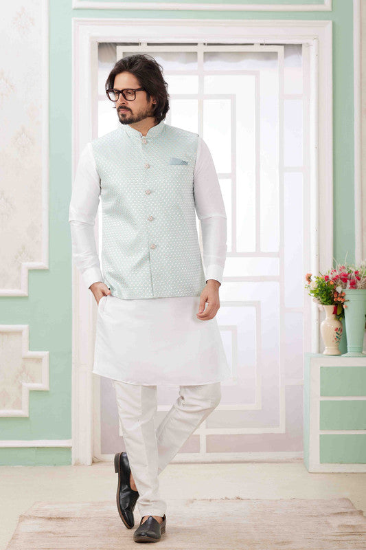 Men's Pista Green Art Silk Embroidery Collar Neck Jacket Set