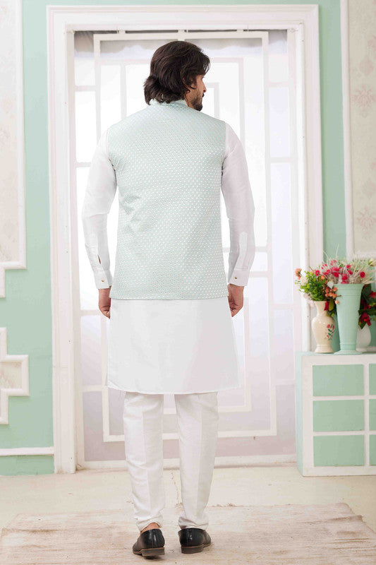 Men's Pista Green Art Silk Embroidery Collar Neck Jacket Set