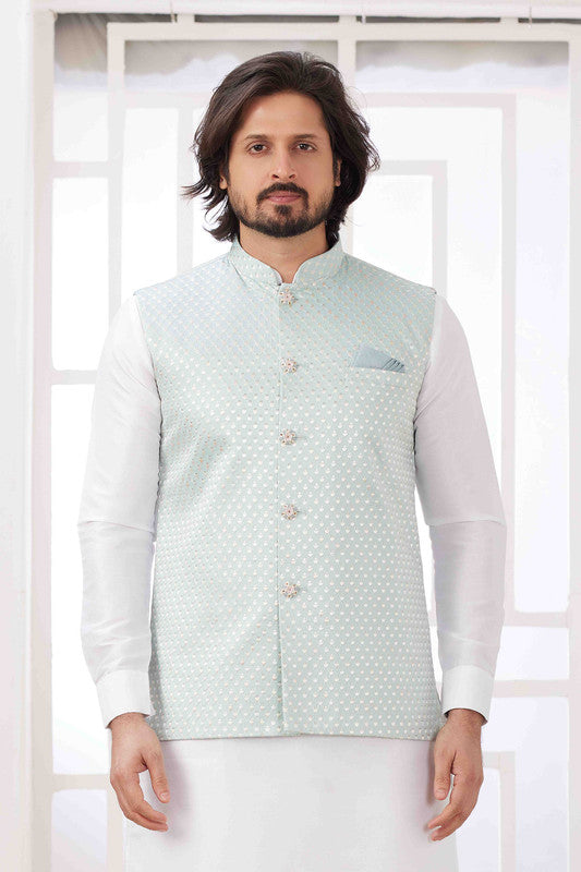 Men's Pista Green Art Silk Embroidery Collar Neck Jacket Set