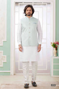 Men's Pista Green Art Silk Embroidery Collar Neck Jacket Set