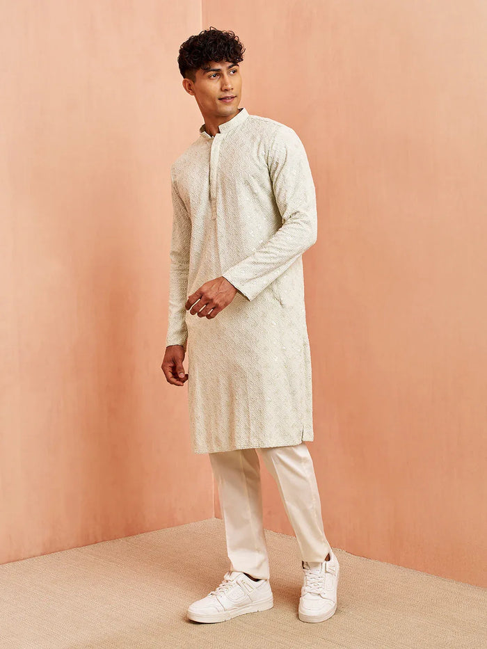 Men's Pista Green Chikankari Kurta with Cream Pant Set