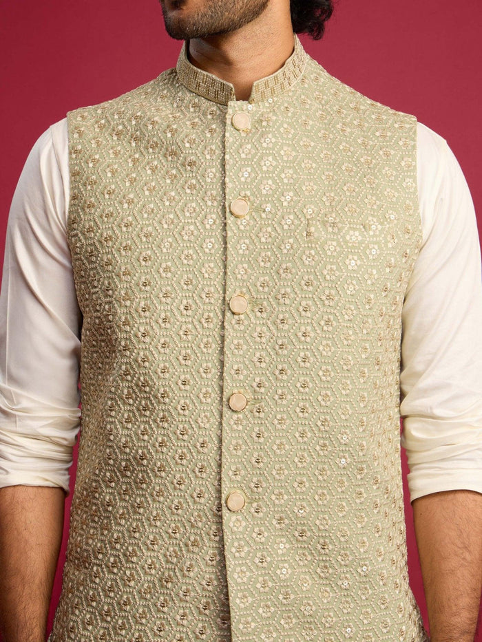 Men's Pista Green Sequin & Thread Embroidered Nehru Jacket with Cream Satin Kurta & Pants Set