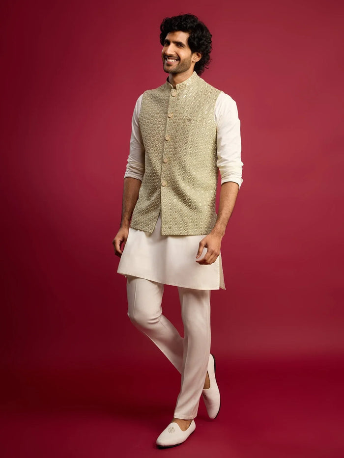 Men's Pista Green Sequin & Thread Embroidered Nehru Jacket with Cream Satin Kurta & Pants Set
