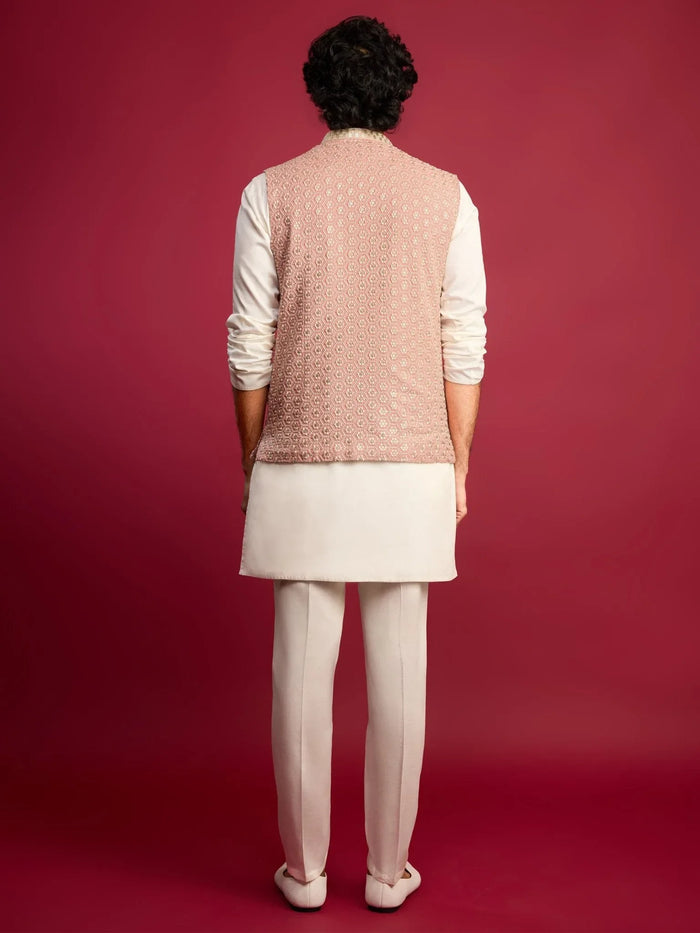 Men's Pista Green Sequin & Thread Embroidered Nehru Jacket with Cream Satin Kurta & Pants Set
