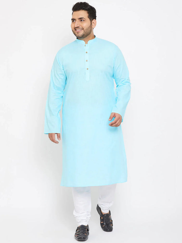 Men's Plus Size Aqua Blue Cotton Kurta And Pyjama Set