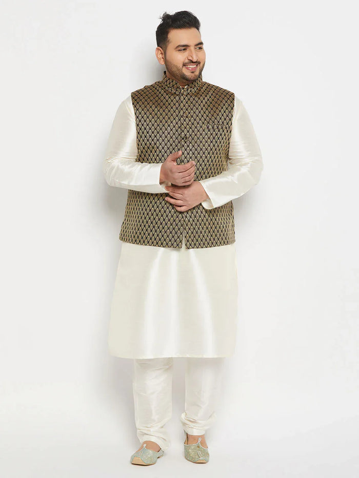 Men's Plus Size Black And Gold Jacquard Nehru Jacket