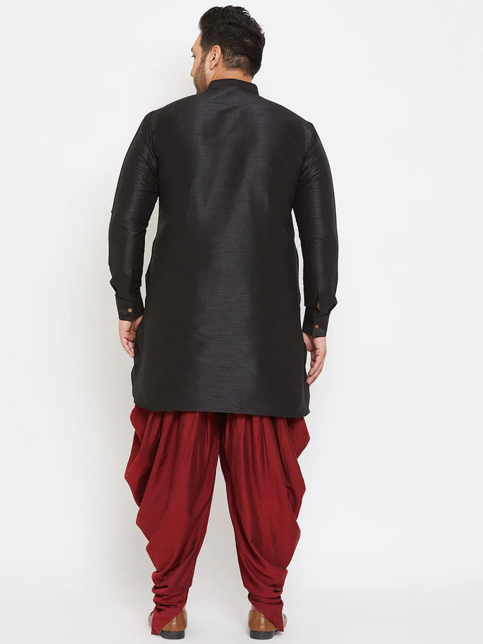 Men's Plus Size Black Silk Blend Curved Kurta Dhoti Set