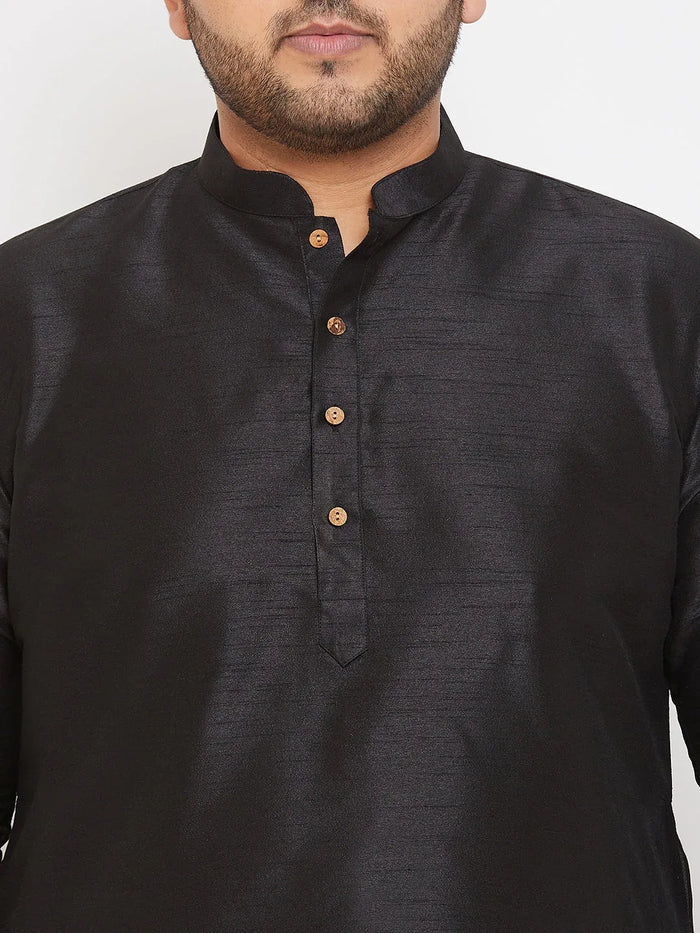 Men's Plus Size Black Silk Blend Curved Kurta Dhoti Set
