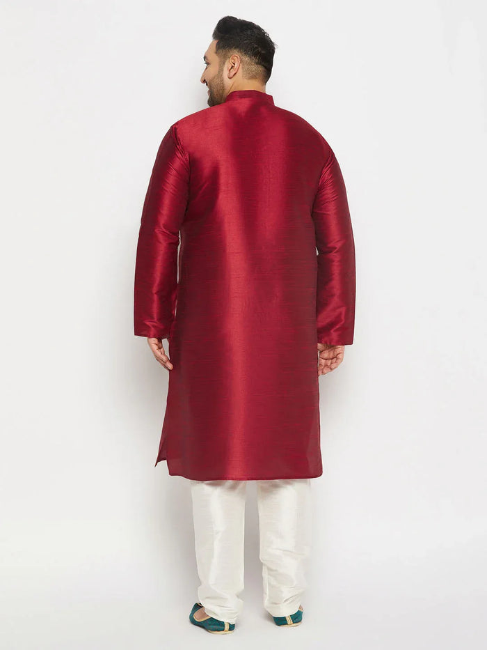 Men's Plus Size Maroon Silk Blend Kurta And Cream Pant Style Pyjama Set