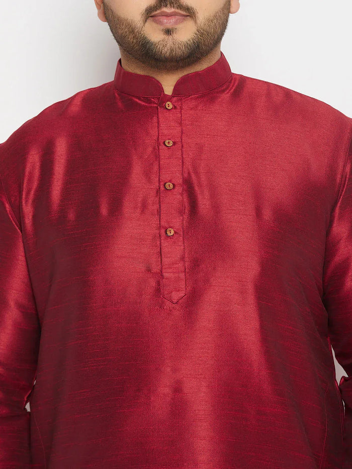 Men's Plus Size Maroon Silk Blend Kurta And Cream Pant Style Pyjama Set