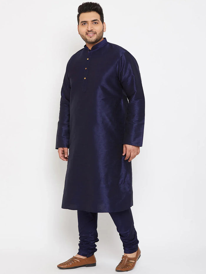 Men's Plus Size Navy Blue Silk Blend Kurta Pyjama Set
