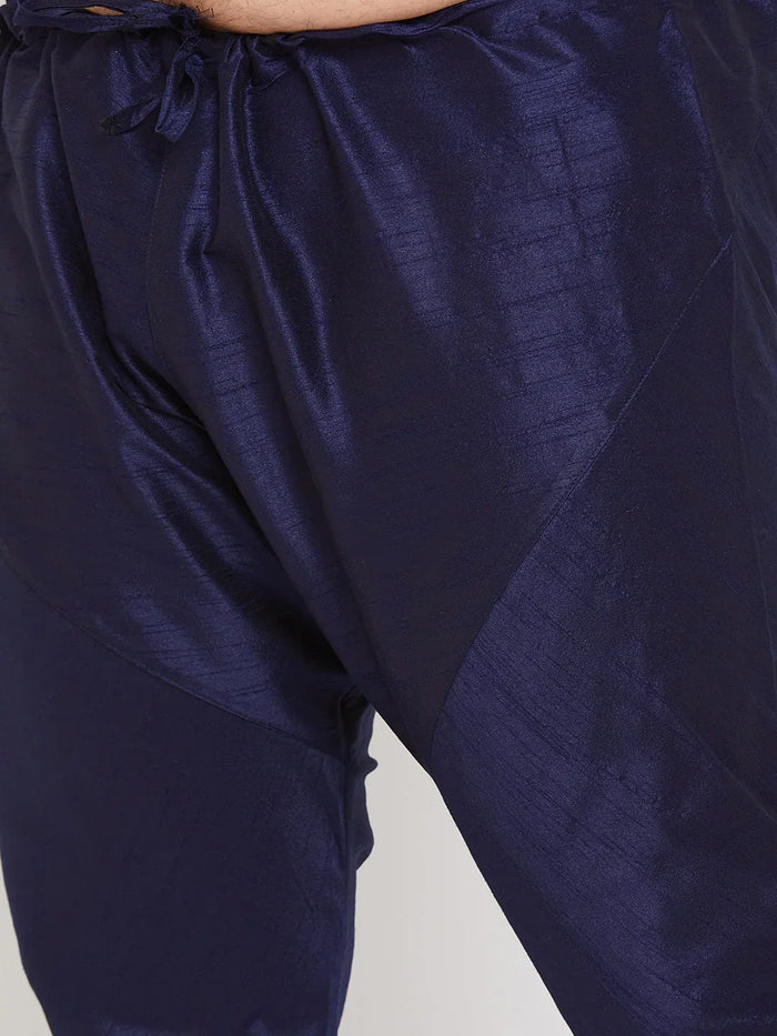 Men's Plus Size Navy Blue Silk Blend Kurta Pyjama Set