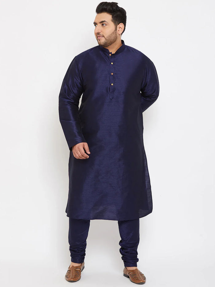 Men's Plus Size Navy Blue Silk Blend Kurta Pyjama Set