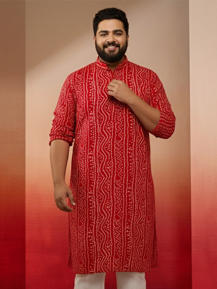 Men's Plus Size Red Bandhni Kurta