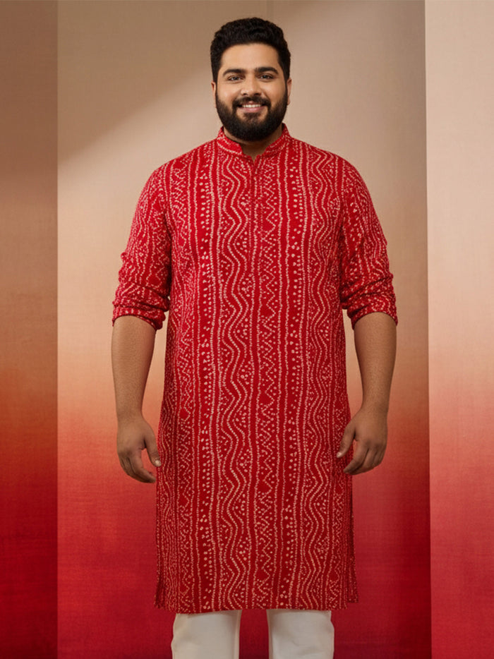 Men's Plus Size Red Bandhni Kurta