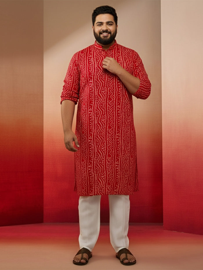 Men's Plus Size Red Bandhni Kurta