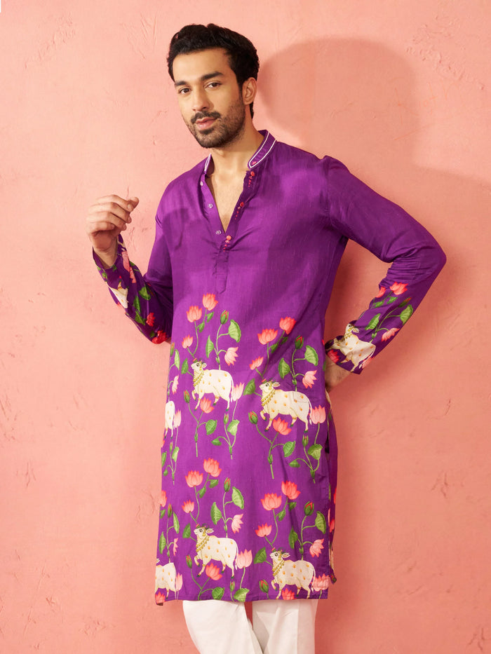 Men's Purple Digital Print Long Kurta