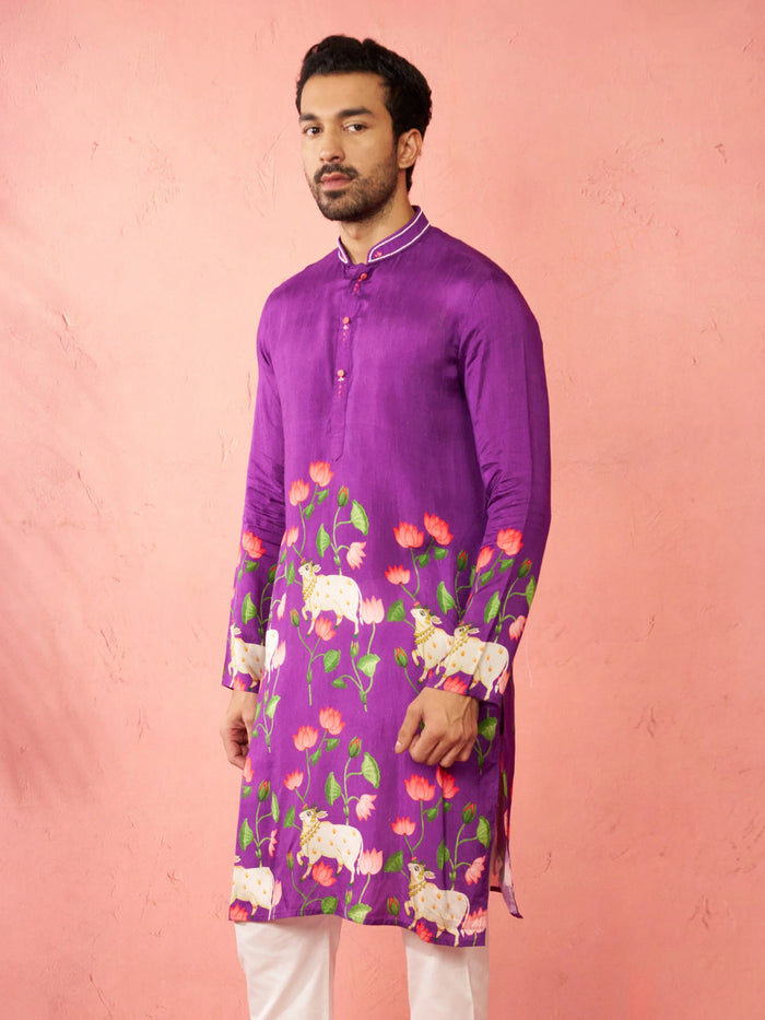Men's Purple Digital Print Long Kurta