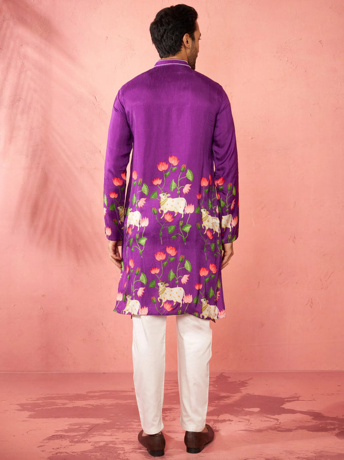 Men's Purple Dola Silk Digital Print Kurta with Cream Pyjama