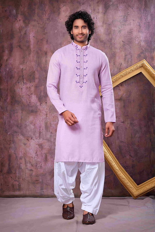 Men's Purple Linen Cotton Embroidery Collar Neck Pajama Set