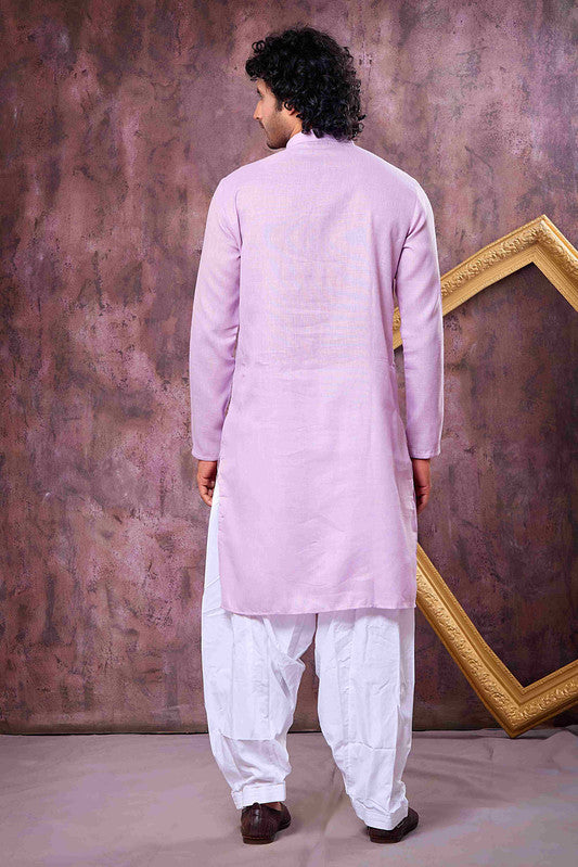 Men's Purple Linen Cotton Embroidery Collar Neck Pajama Set