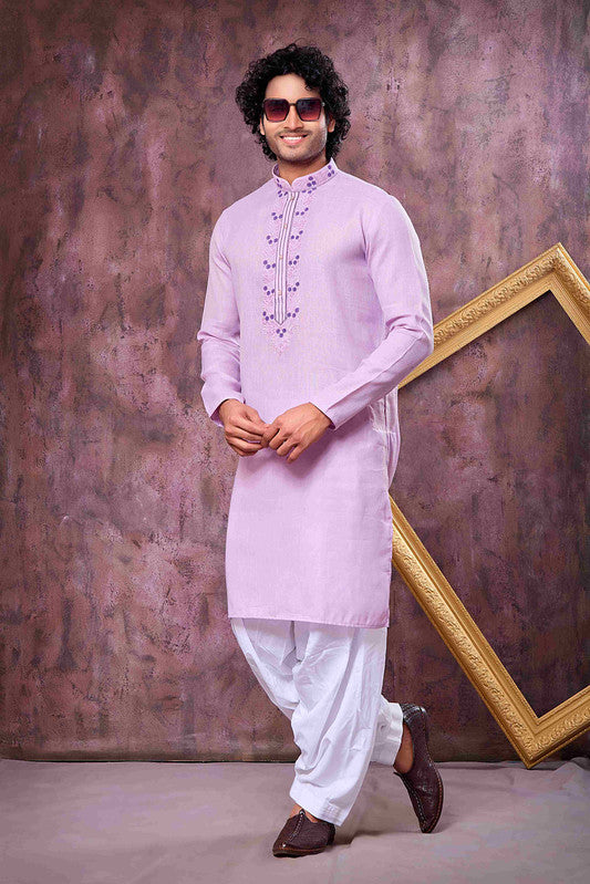 Men's Purple Linen Cotton Embroidery Collar Neck Pajama Set