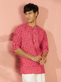 Men's Red Bandhni Flower Print Cotton Cambric Short Kurta