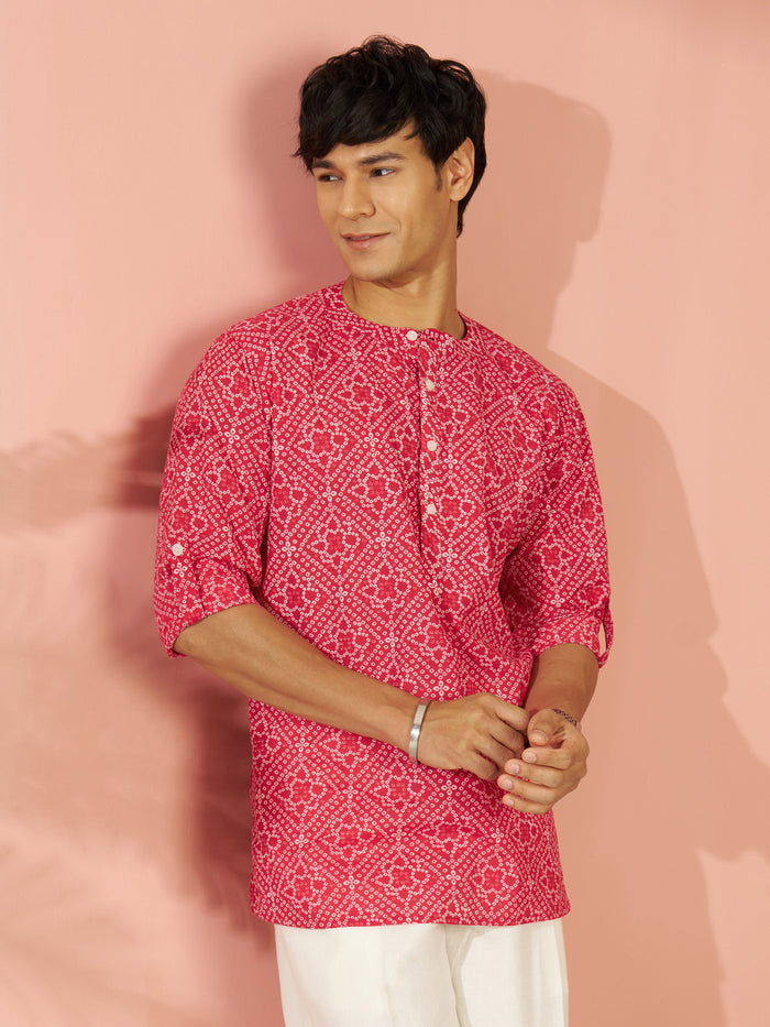 Men's Red Bandhni Flower Print Cotton Cambric Short Kurta