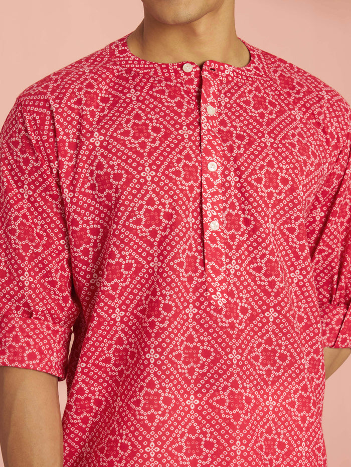 Men's Red Bandhni Flower Print Cotton Cambric Short Kurta