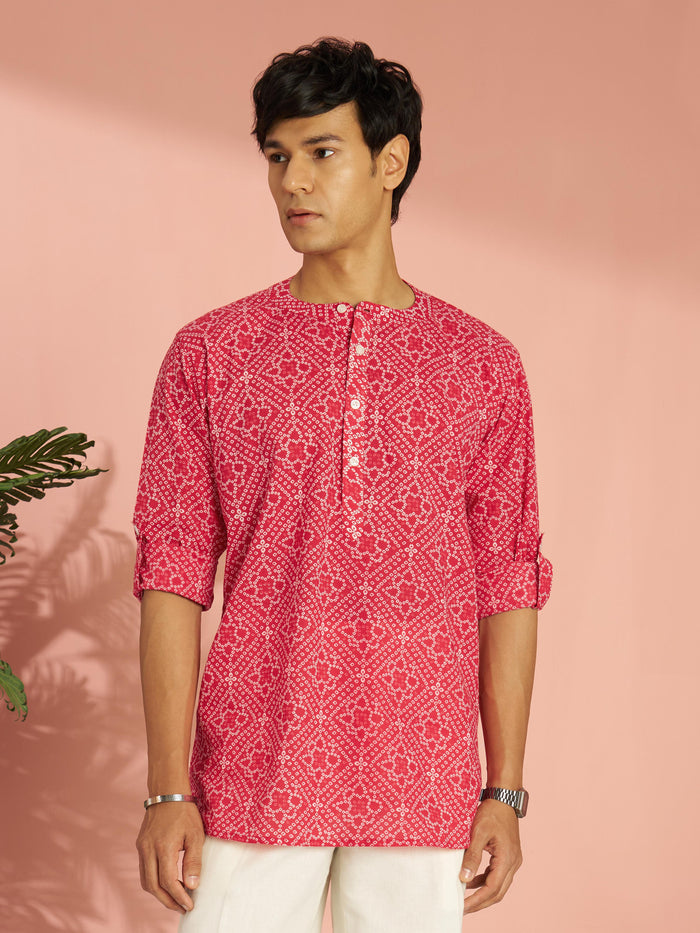 Men's Red Bandhni Flower Print Cotton Cambric Short Kurta
