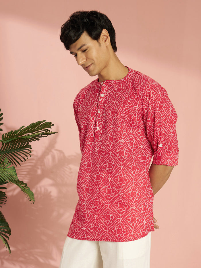 Men's Red Bandhni Flower Print Cotton Cambric Short Kurta