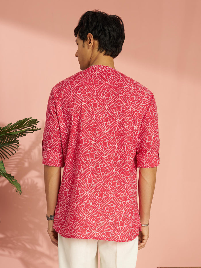 Men's Red Bandhni Flower Print Cotton Cambric Short Kurta
