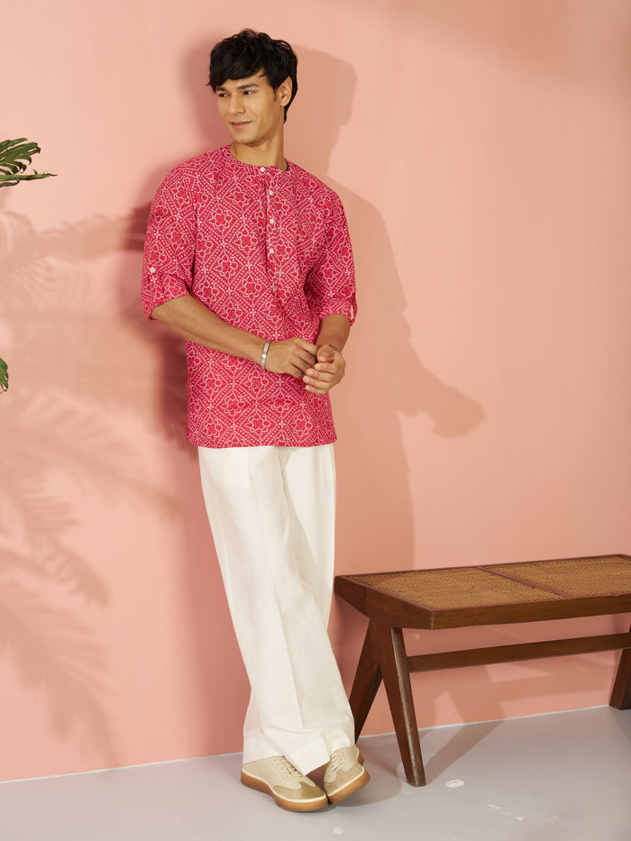Men's Red Bandhni Flower Print Cotton Cambric Short Kurta