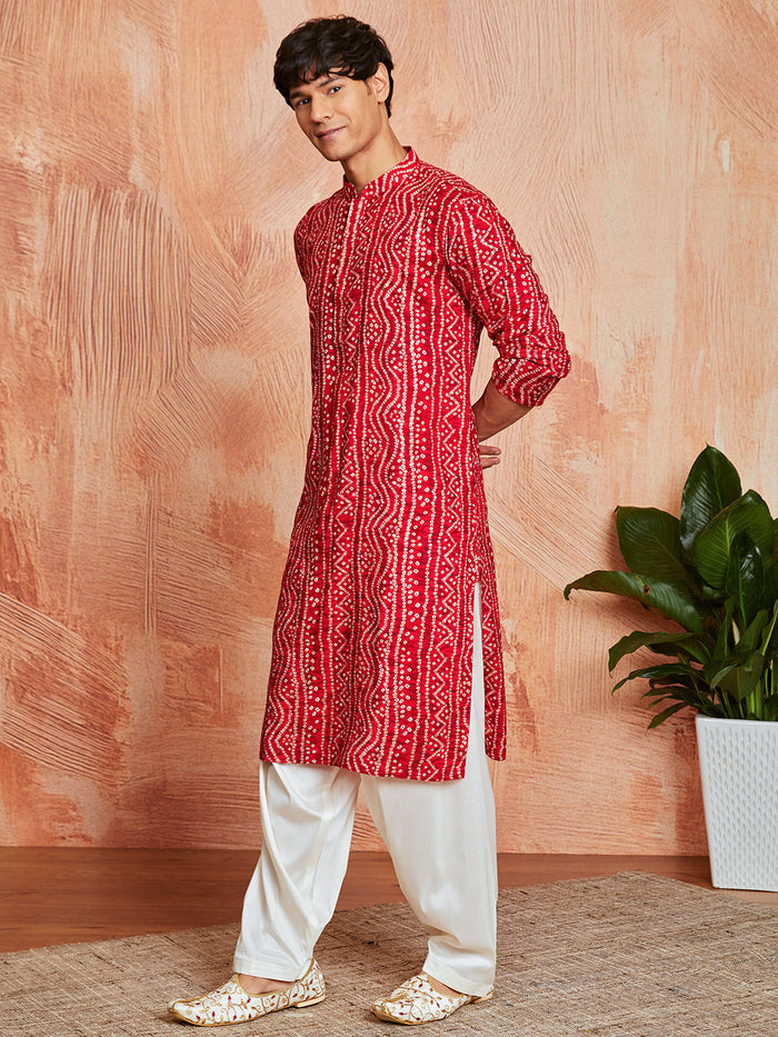 Men's Red Bandhni Rayon Kurta & Patiyala Set