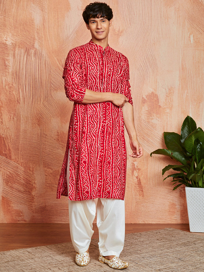 Men's Red Bandhni Rayon Kurta & Patiyala Set