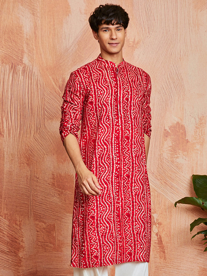 Men's Red Bandhni Rayon Kurta & Pyjama Set