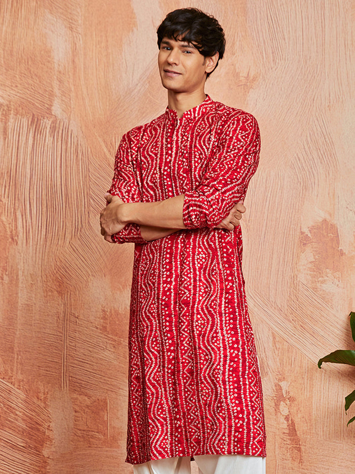 Men's Red Bandhni Rayon Kurta & Pyjama Set