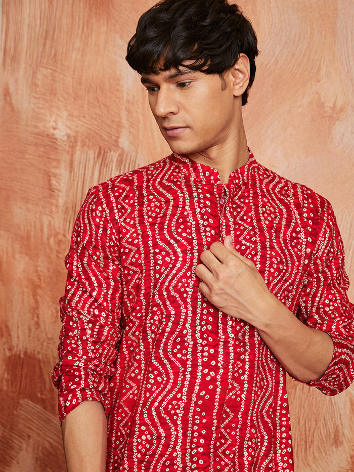 Men's Red Bandhni Rayon Kurta & Pyjama Set