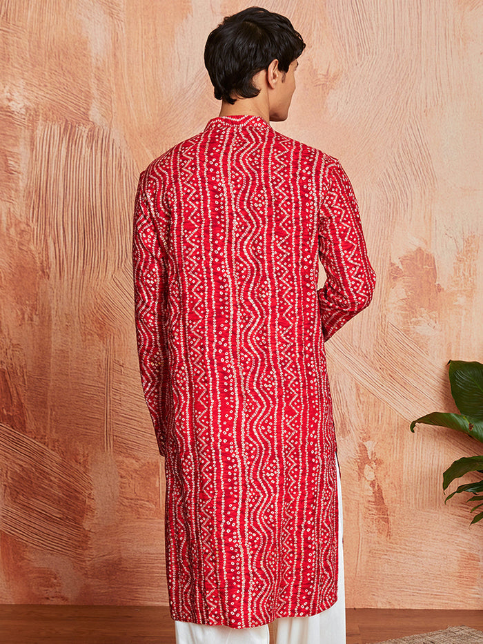 Men's Red Bandhni Rayon Kurta & Pyjama Set