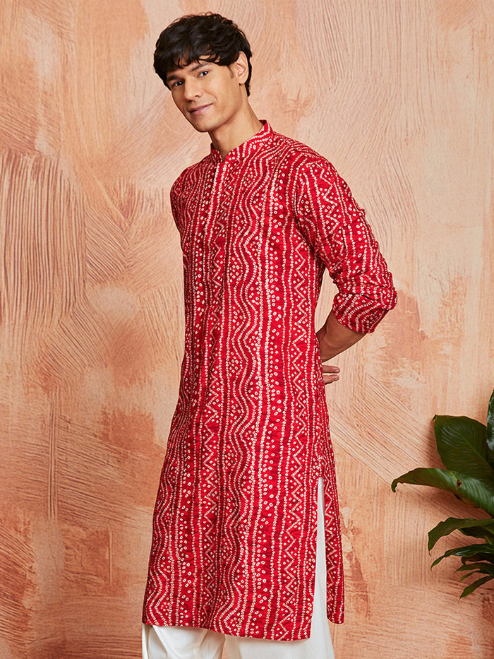 Men's Red Bandhni Rayon Kurta & Pyjama Set
