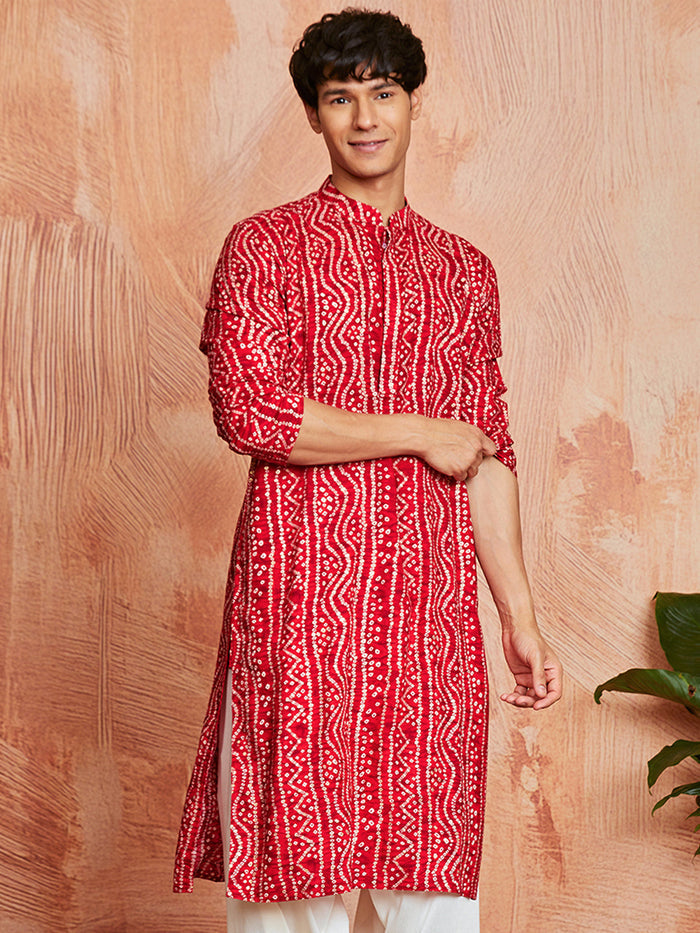 Men's Red Bandhni Rayon Kurta & Pyjama Set